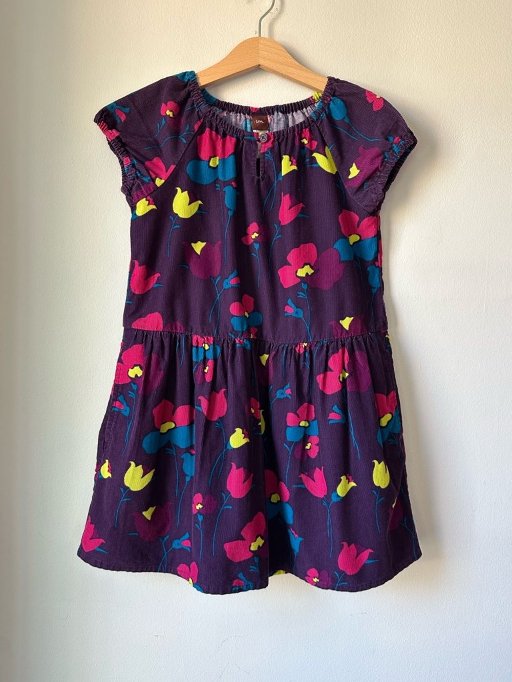 Tea Collection Bright Purple Floral Corduroy Puff Sleeve Skater Dress Size 7
